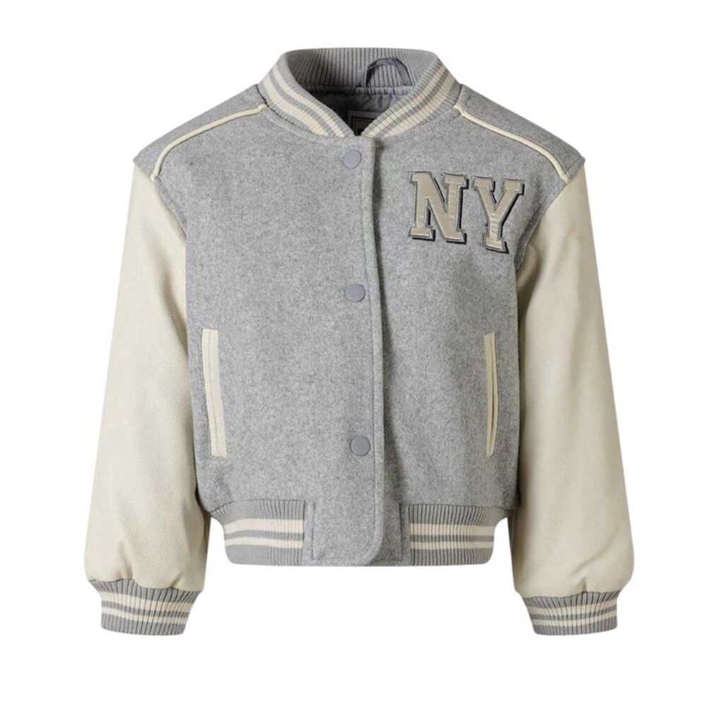 Minoti Girls New York Contrast Appliqué Patch Varsity Jacket / Light Grey